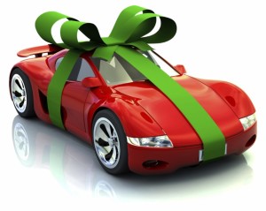 A gift wrapped sports car as a present. 3D rendering with raytraced textures and hdri lighting.