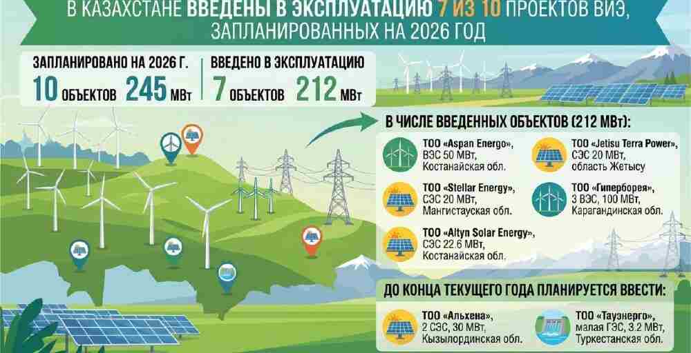 В Казахстане уже запустили 7 из 10 запланированных проектов ВИЭ